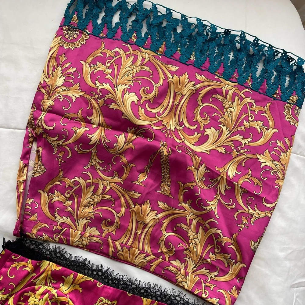 Versace Pink and Gold Baroque Mini Skirt with Blue Fringe - Picture 8 of 9